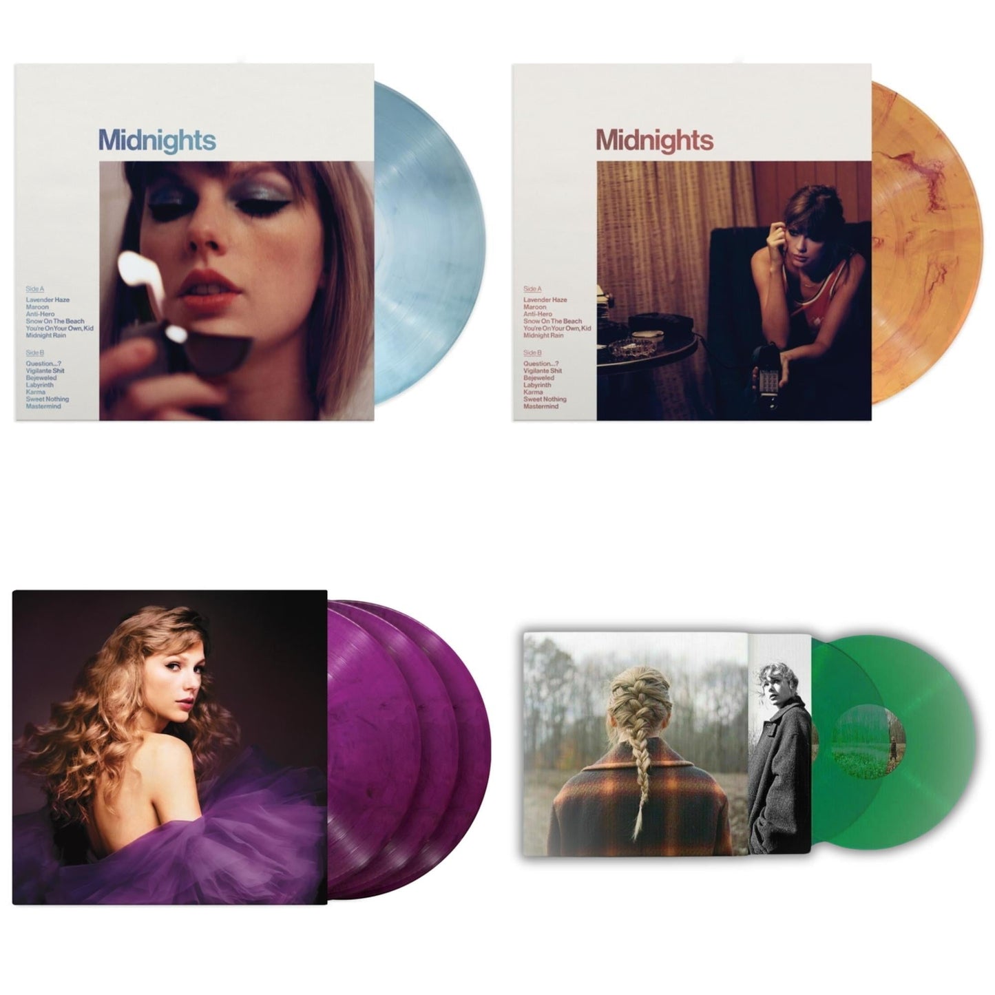 Taylor Swift - Taylor Swift - Evermore (Translucent Green Vinyl/2LP) & Midnights (X) (Moonstone Blue LP Vinyl) & Midnights (X) (Blood Moon LP Vinyl) & Speak Now (Taylor's Version) (Orchid Marbled Vinyl/3LP)