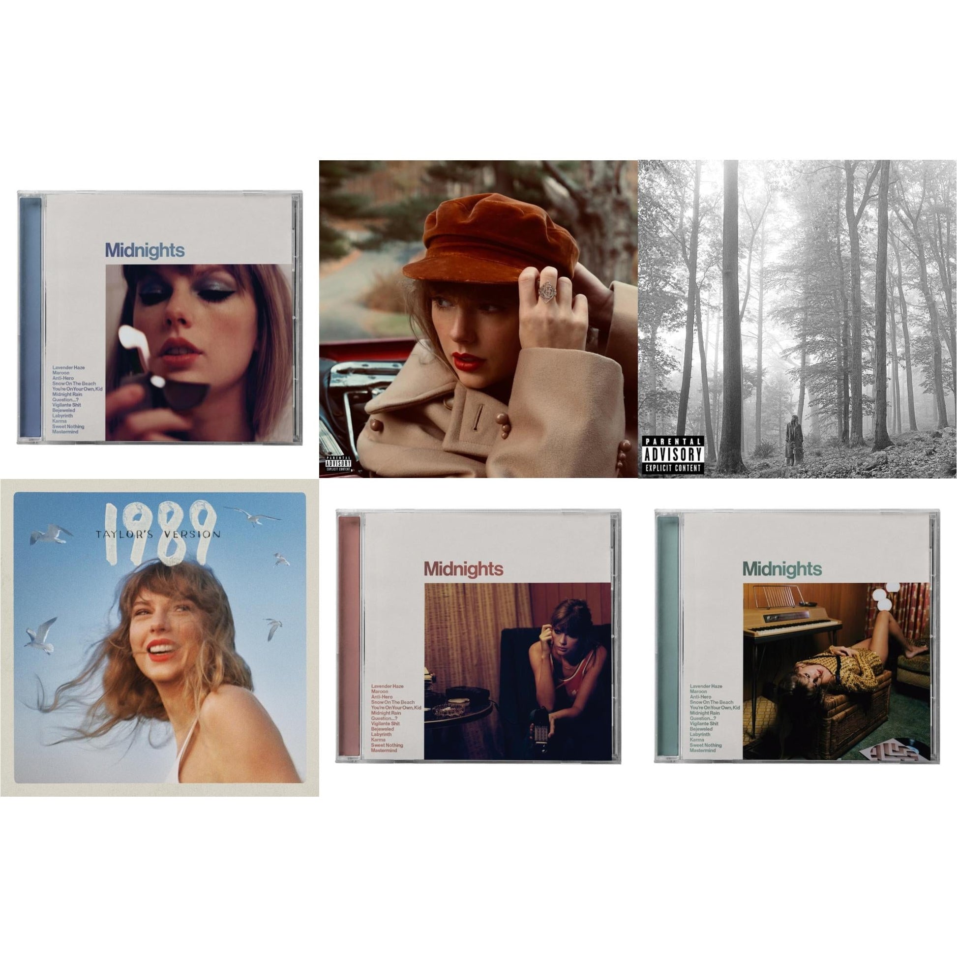 Taylor Swift - Folklore (X) & Red (Taylor's Version) (X) (2CD) & Midnights (X) (Moonstone Blue CD) & Midnights (X) (Jade Green CD) & Midnights (X) (Blood Moon CD) & 1989 (Taylor's Version)