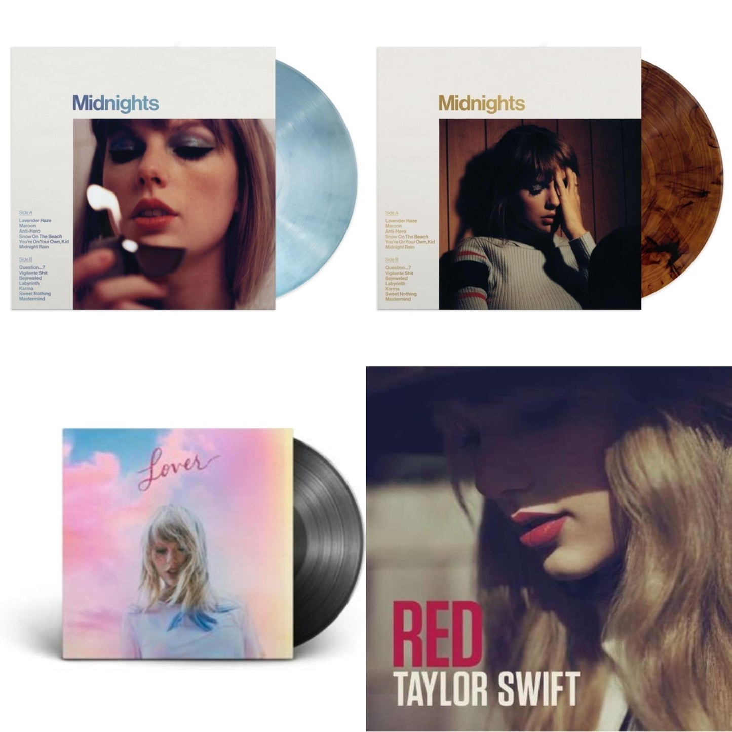 Taylor Swift - Midnights (X) (Moonstone Blue LP Vinyl) & Midnights (X) (Mahogany Color LP Vinyl) & Lover (2LP) & Red