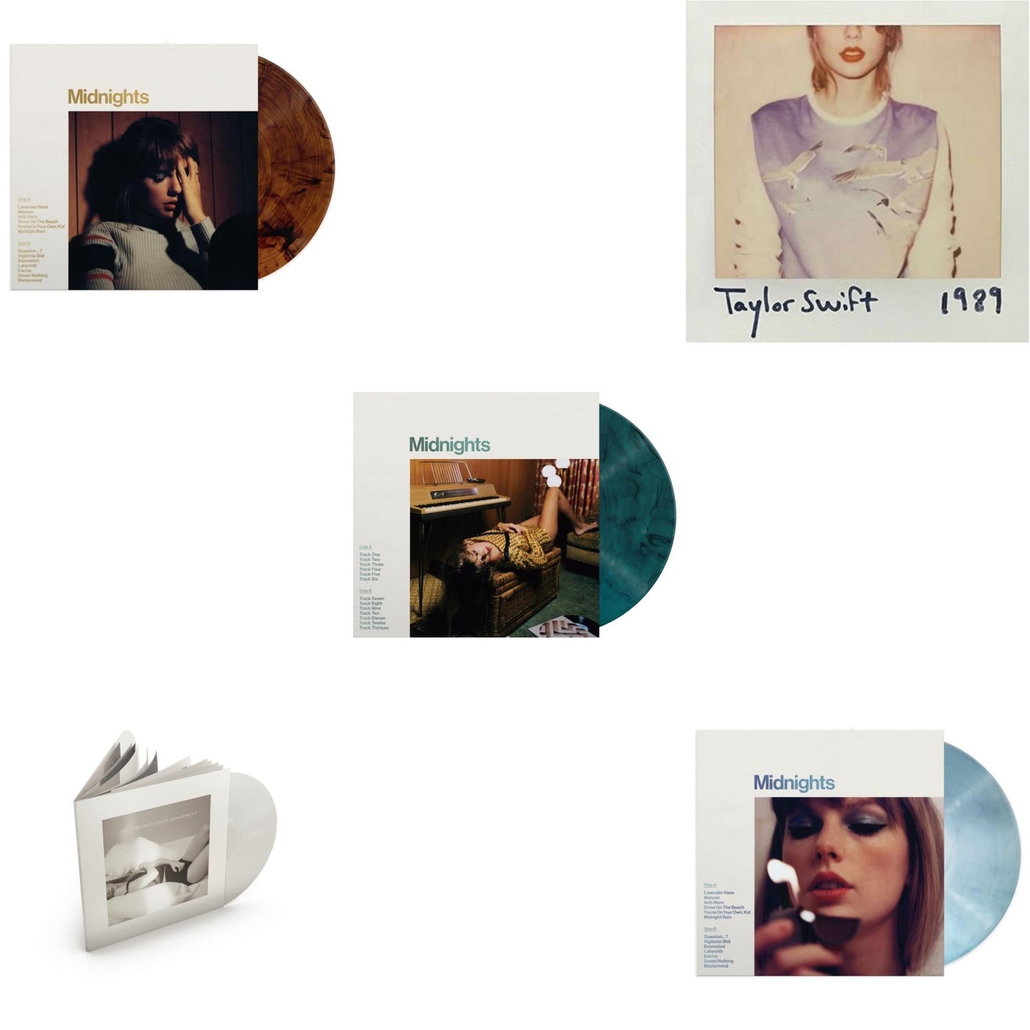Taylor Swift - Midnights (X) (Moonstone Blue LP Vinyl) & Midnights (X) (Jade Green LP Vinyl) & Midnights (X) (Mahogany Color LP Vinyl) & Tortured Poets Department (X) (Ghosted White Vinyl/2LP/Manuscript- Bonus Track) & 1989
