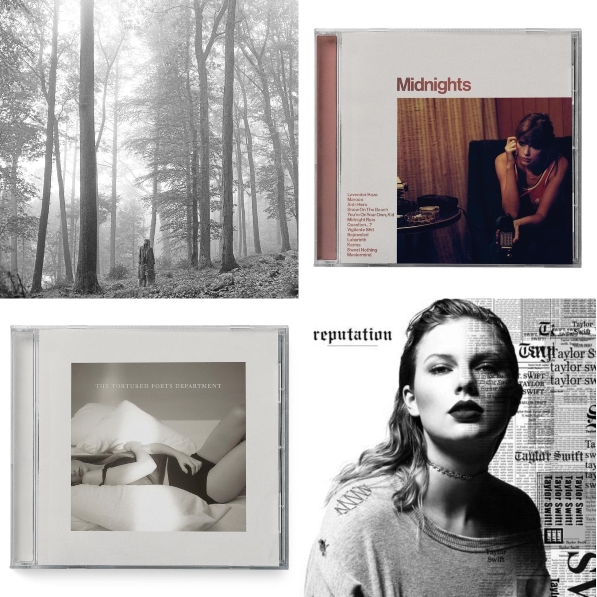 Taylor Swift - Folklore (Edited) & Midnights (X) (Blood Moon CD) & Tortured Poets Department (X) (Manuscript- Bonus Track) & Reputation