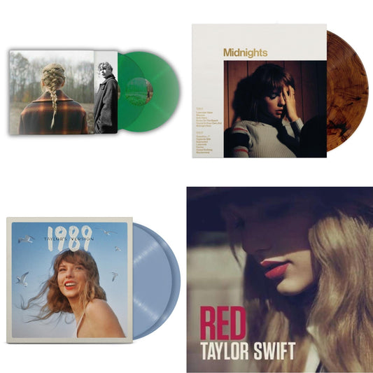 Taylor Swift - Taylor Swift - Evermore (Translucent Green Vinyl/2LP) & Midnights (X) (Mahogany Color LP Vinyl) & 1989 (Taylor's Version) (2LP/Crystal Skies Blue Vinyl) & Red