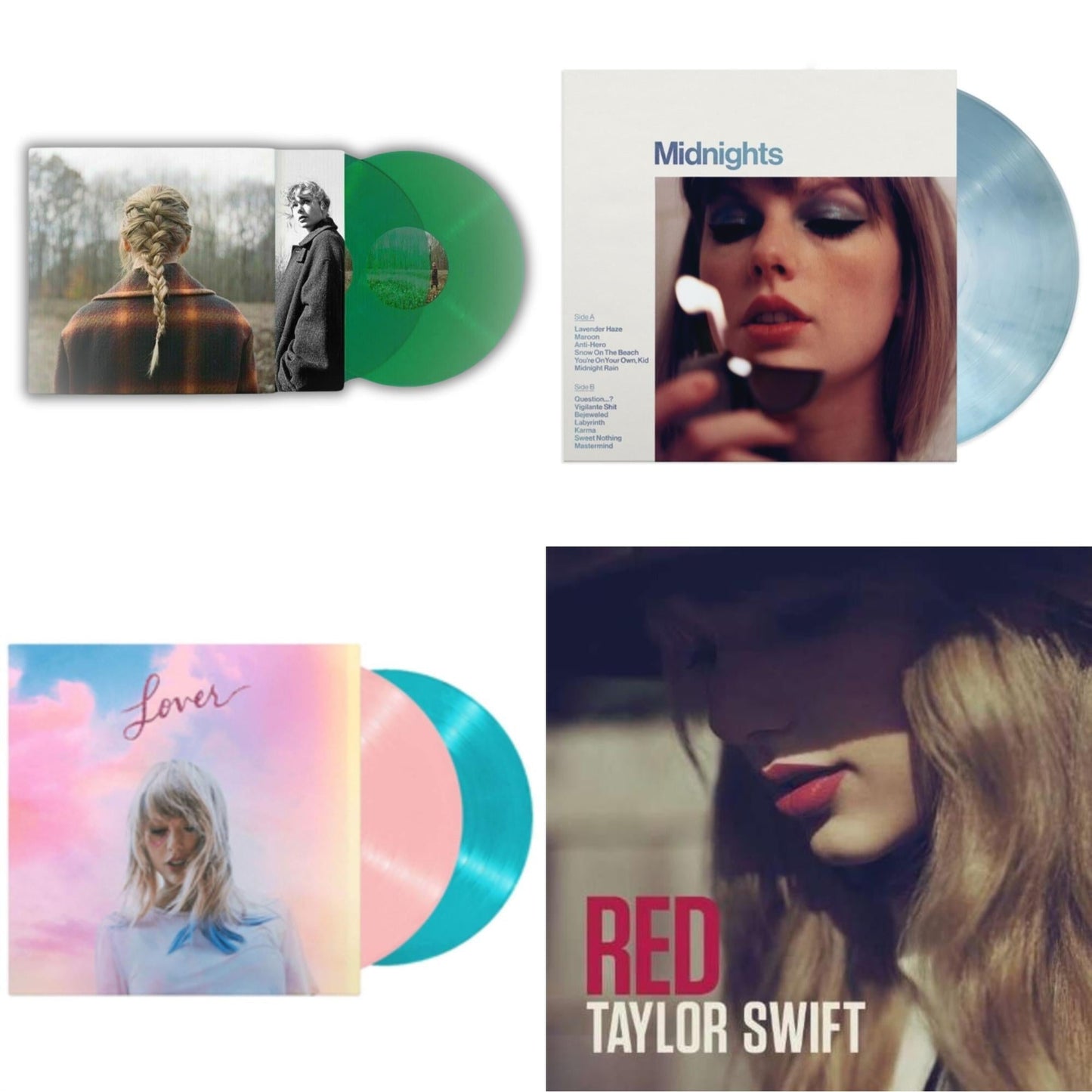 Taylor Swift - Taylor Swift - Evermore (Translucent Green Vinyl/2LP) & Midnights (X) (Moonstone Blue LP Vinyl) & Lover & Red