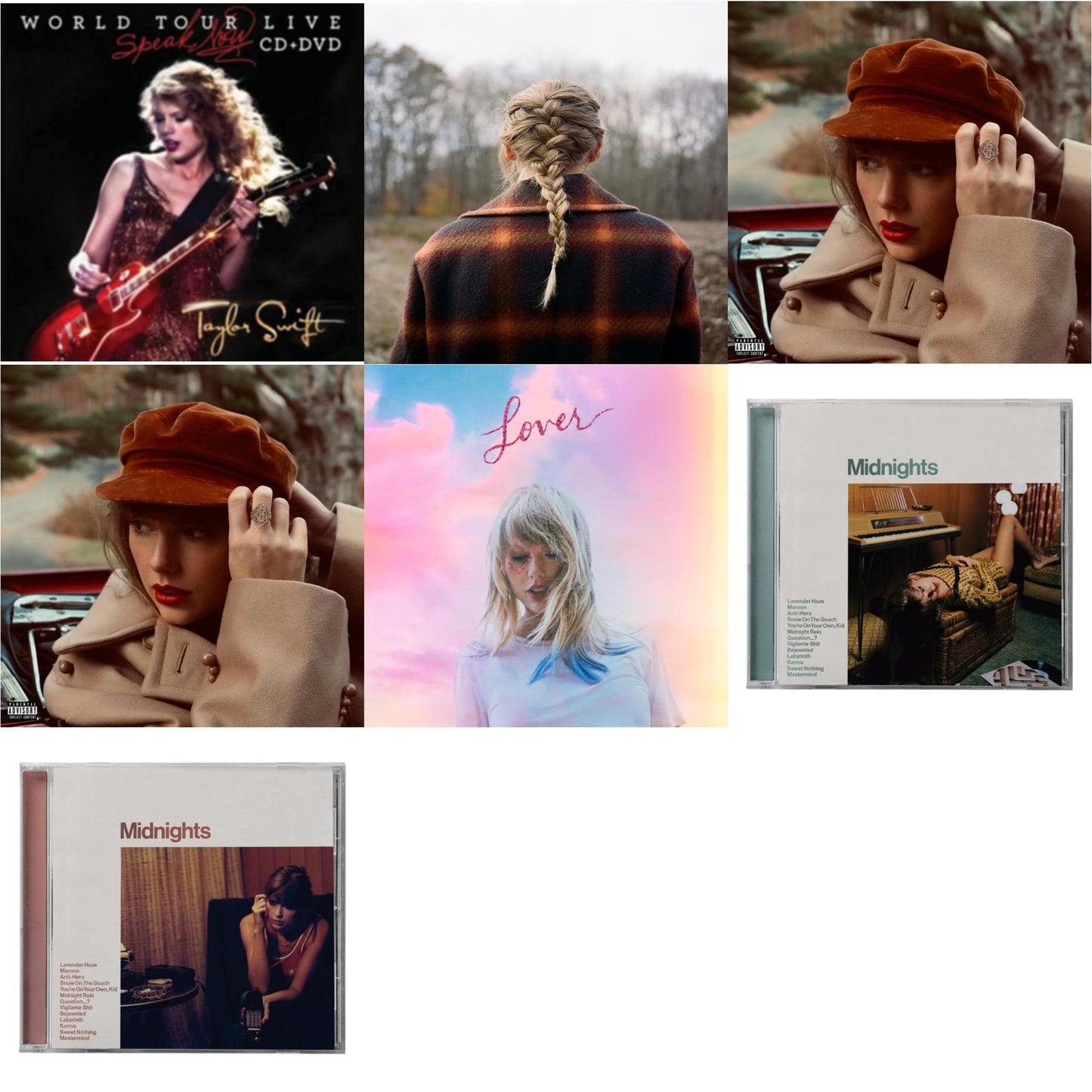 Taylor Swift - Evermore (X) & Red (Taylor's Version) (X) (2CD) & Red (Taylor's Version) (Edited) (2CD) & Midnights (X) (Jade Green CD) & Midnights (X) (Blood Moon CD) & Speak Now World Tour Live (CD/DVD) & Lover (Deluxe) (Version 4)