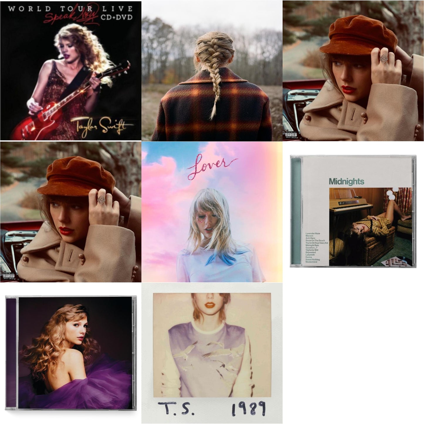 Taylor Swift - Evermore (X) & Red (Taylor's Version) (X) (2CD) & Red (Taylor's Version) (Edited) (2CD) & Midnights (X) (Jade Green CD) & Speak Now (Taylor's Version) (2CD) & Speak Now World Tour Live (CD/DVD) & Lover (Deluxe) (Version 4) & 1989