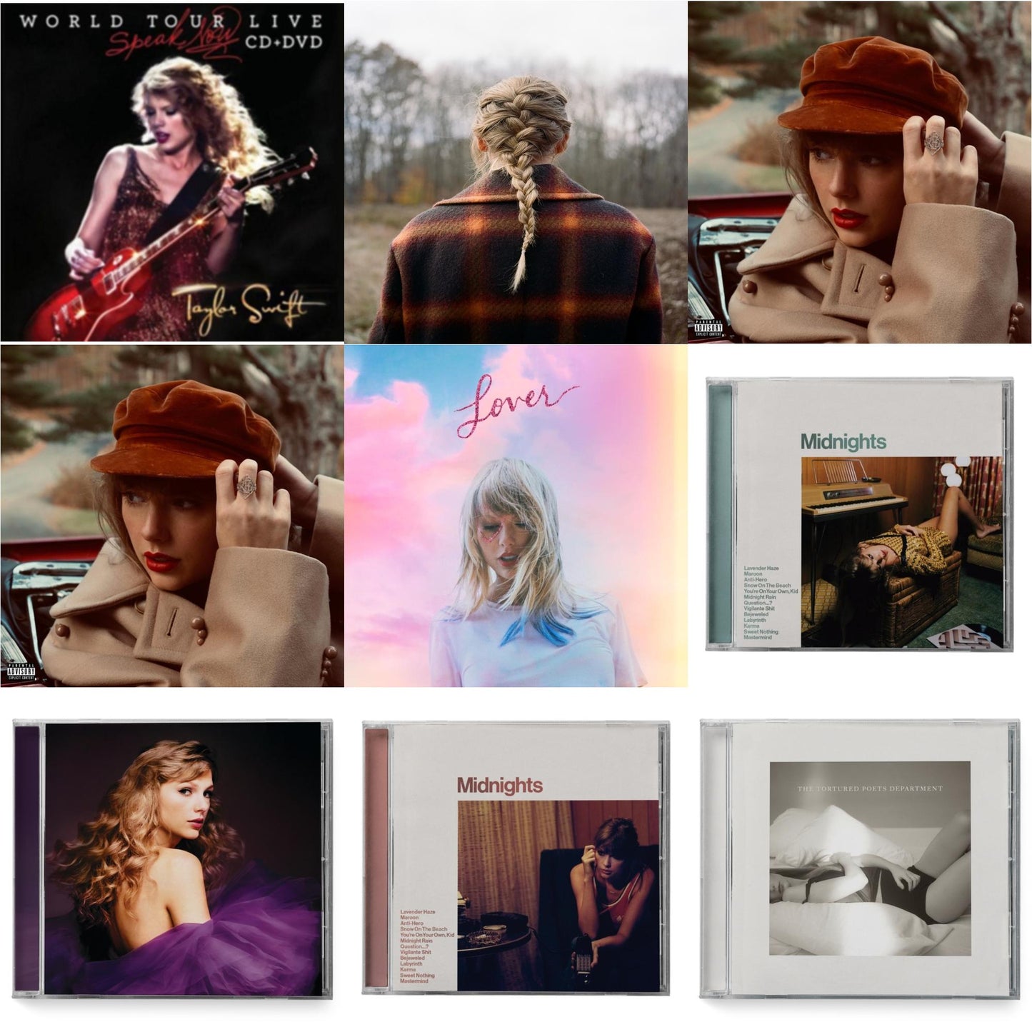 Taylor Swift - Evermore (X) & Red (Taylor's Version) (X) (2CD) & Red (Taylor's Version) (Edited) (2CD) & Midnights (X) (Jade Green CD) & Midnights (X) (Blood Moon CD) & Speak Now (Taylor's Version) (2CD) & Tortured Poets Department (X) (Manuscript-