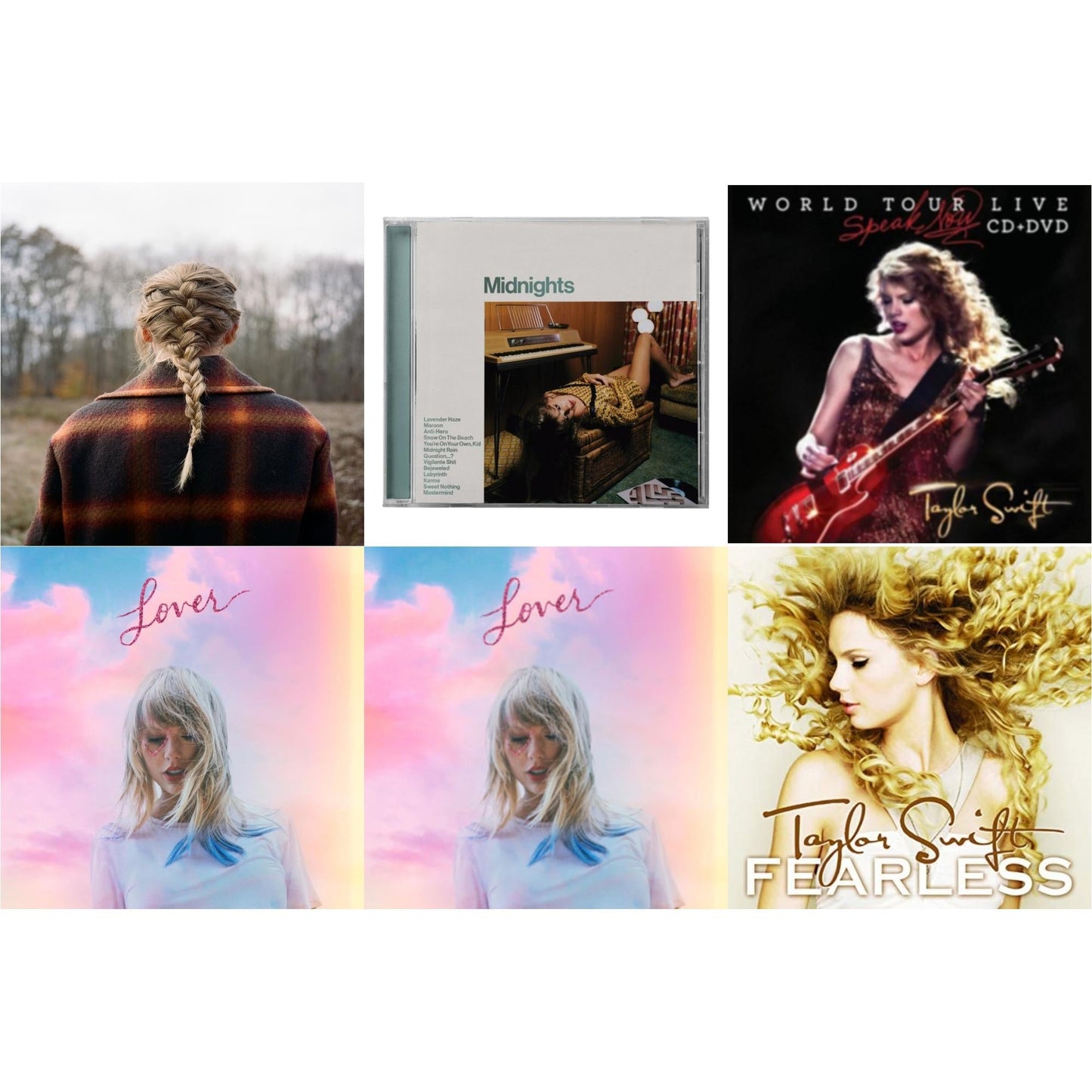 Taylor Swift - Evermore (X) & Midnights (X) (Jade Green CD) & Speak Now World Tour Live (CD/DVD) & Lover (Deluxe) (Version 1) & Lover & Fearless