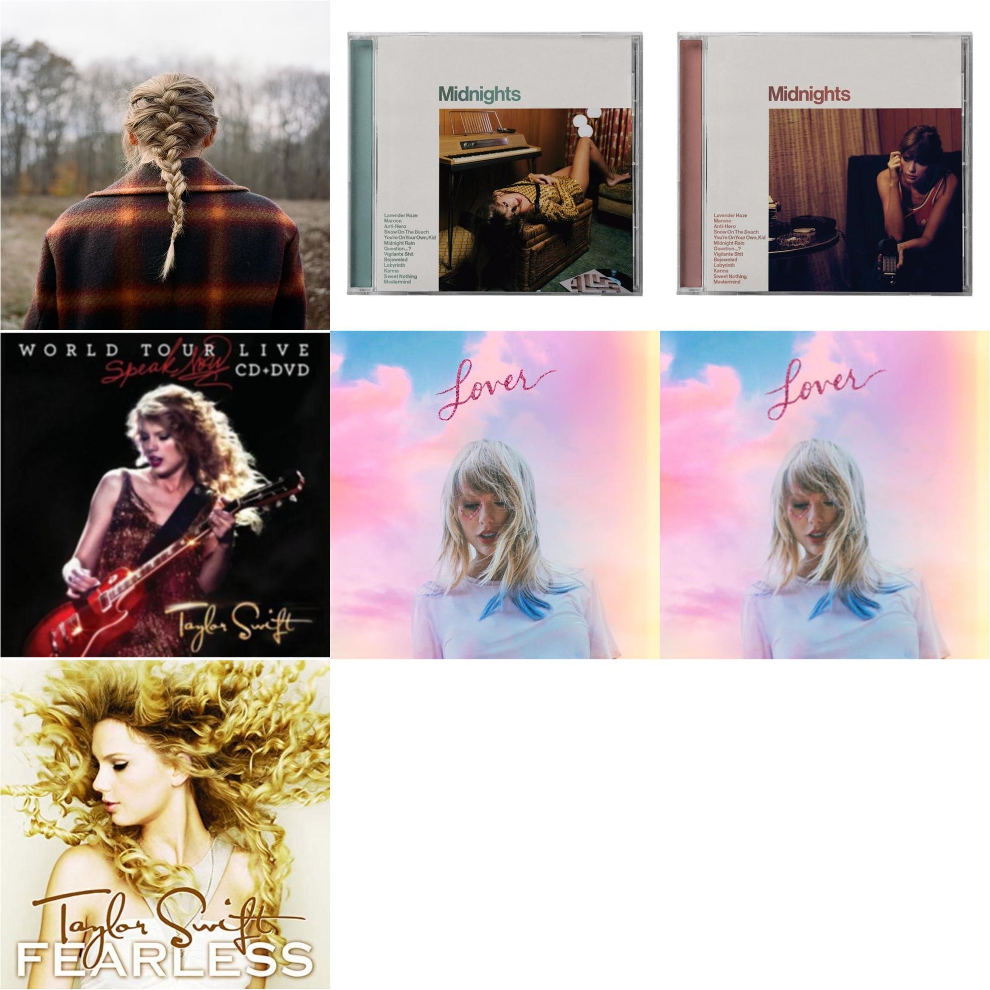 Taylor Swift - Evermore (X) & Midnights (X) (Jade Green CD) & Midnights (X) (Blood Moon CD) & Speak Now World Tour Live (CD/DVD) & Lover (Deluxe) (Version 1) & Lover & Fearless