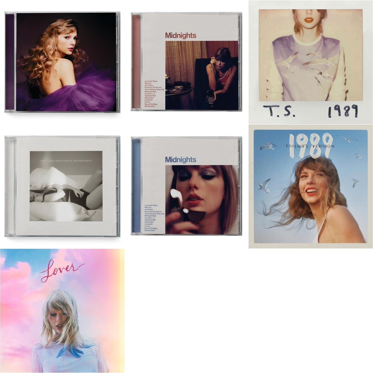 Taylor Swift - Midnights (X) (Moonstone Blue CD) & Midnights (X) (Blood Moon CD) & Speak Now (Taylor's Version) (2CD) & 1989 (Taylor's Version) & Tortured Poets Department (X) (Manuscript- Bonus Track) & Lover (Deluxe) (Version 2) & 1989