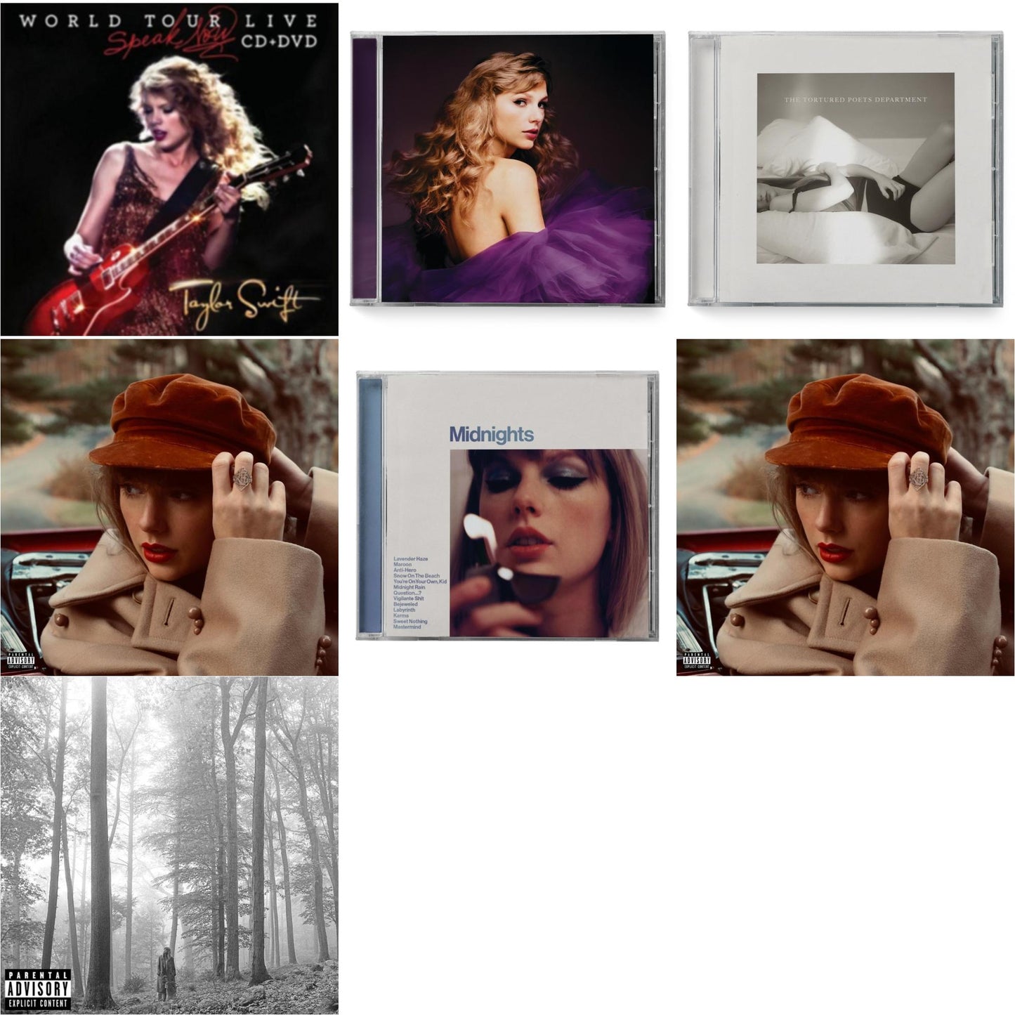 Taylor Swift - Folklore (X) & Red (Taylor's Version) (X) (2CD) & Red (Taylor's Version) (Edited) (2CD) & Midnights (X) (Moonstone Blue CD) & Speak Now (Taylor's Version) (2CD) & Tortured Poets Department (X) (Manuscript- Bonus Track) & Speak Now