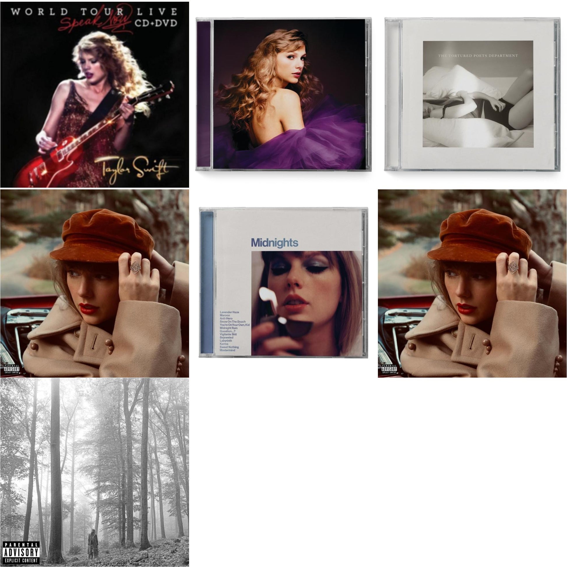 Taylor Swift - Folklore (X) & Red (Taylor's Version) (X) (2CD) & Red (Taylor's Version) (Edited) (2CD) & Midnights (X) (Moonstone Blue CD) & Speak Now (Taylor's Version) (2CD) & Tortured Poets Department (X) (Manuscript- Bonus Track) & Speak Now