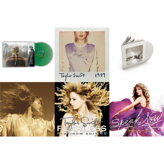 Taylor Swift - Taylor Swift - Evermore (Translucent Green Vinyl/2LP) & Fearless (Taylor's Version) (Gold Vinyl/3LP) & Tortured Poets Department (X) (Ghosted White Vinyl/2LP/Manuscript- Bonus Track) & 1989 & Speak Now & Fearless Platinum Edition
