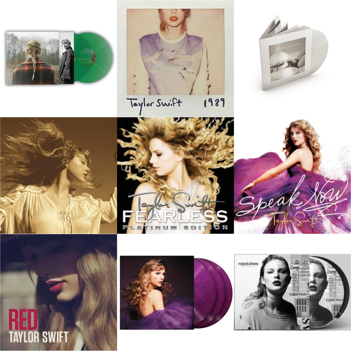 Taylor Swift - Taylor Swift - Evermore (Translucent Green Vinyl/2LP) & Fearless (Taylor's Version) (Gold Vinyl/3LP) & Speak Now (Taylor's Version) (Orchid Marbled Vinyl/3LP) & Tortured Poets Department (X) (Ghosted White Vinyl/2LP/Manuscript- Bonus