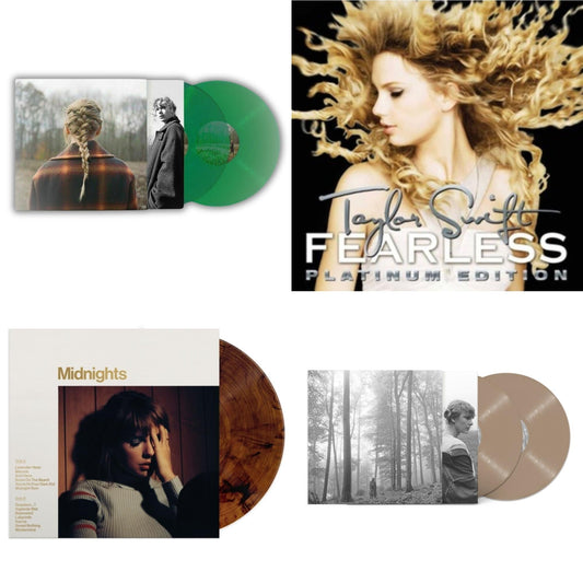 Taylor Swift - Folklore (X) (Beige Vinyl/2LP) & Taylor Swift - Evermore (Translucent Green Vinyl/2LP) & Midnights (X) (Mahogany Color LP Vinyl) & Fearless Platinum Edition