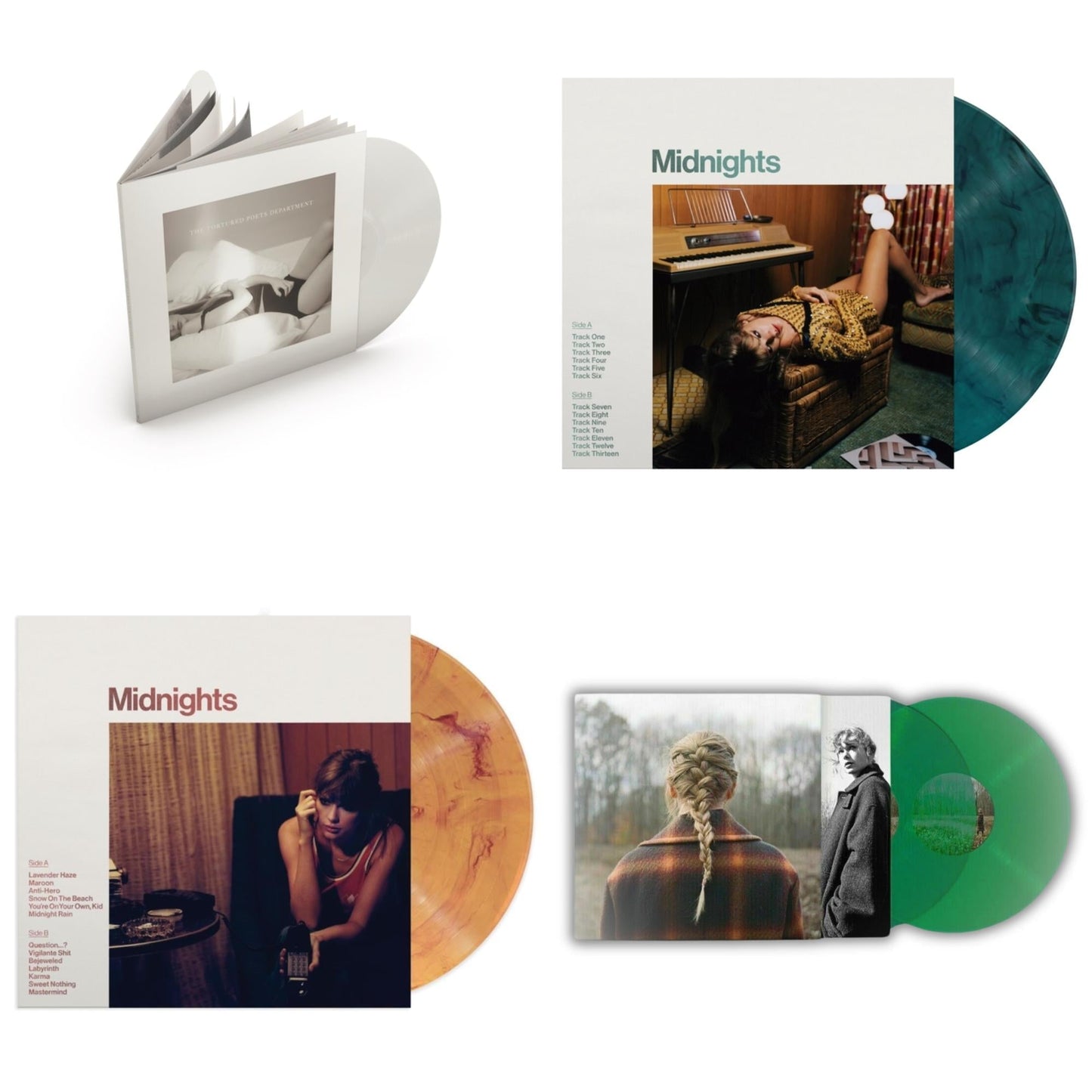 Taylor Swift - Taylor Swift - Evermore (Translucent Green Vinyl/2LP) & Midnights (X) (Jade Green LP Vinyl) & Midnights (X) (Blood Moon LP Vinyl) & Tortured Poets Department (X) (Ghosted White Vinyl/2LP/Manuscript- Bonus Track)