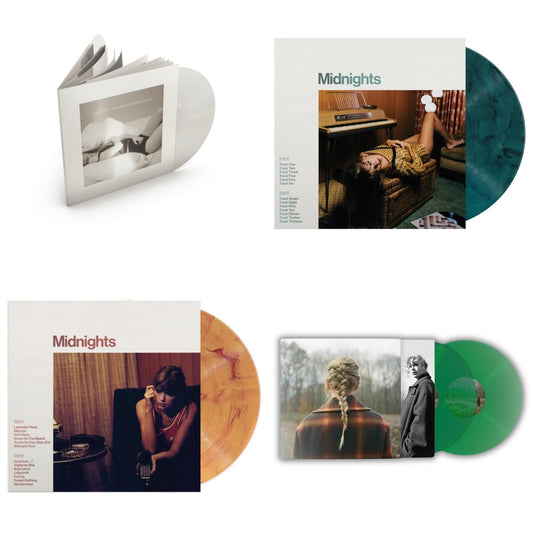 Taylor Swift - Taylor Swift - Evermore (Translucent Green Vinyl/2LP) & Midnights (X) (Jade Green LP Vinyl) & Midnights (X) (Blood Moon LP Vinyl) & Tortured Poets Department (X) (Ghosted White Vinyl/2LP/Manuscript- Bonus Track)
