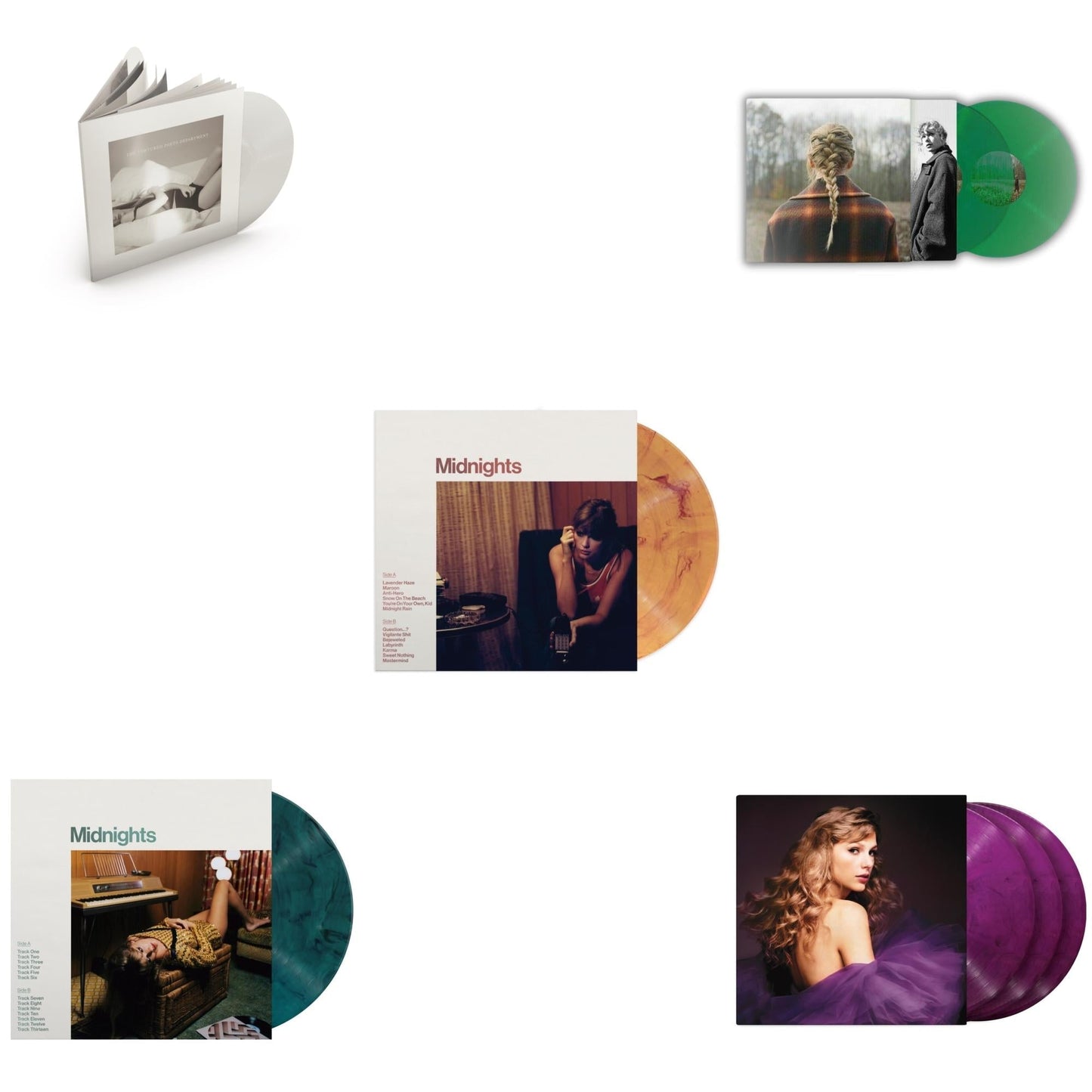 Taylor Swift - Taylor Swift - Evermore (Translucent Green Vinyl/2LP) & Midnights (X) (Jade Green LP Vinyl) & Midnights (X) (Blood Moon LP Vinyl) & Speak Now (Taylor's Version) (Orchid Marbled Vinyl/3LP) & Tortured Poets Department (X) (Ghosted White