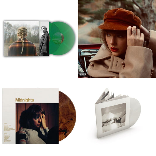 Taylor Swift - Taylor Swift - Evermore (Translucent Green Vinyl/2LP) & Red (Taylor's Version) (4LP) & Midnights (X) (Mahogany Color LP Vinyl) & Tortured Poets Department (X) (Ghosted White Vinyl/2LP/Manuscript- Bonus Track)
