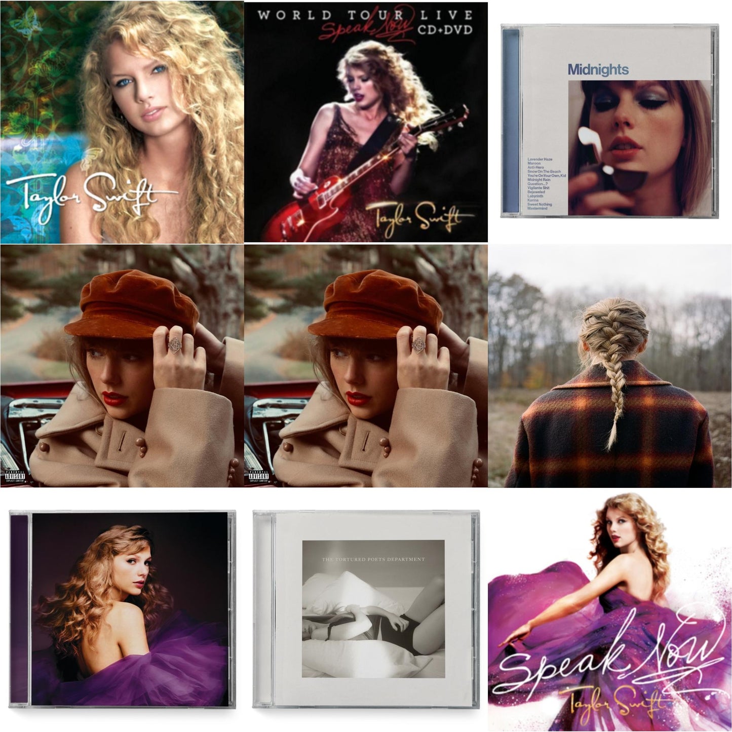Taylor Swift - Evermore (X) & Red (Taylor's Version) (X) (2CD) & Red (Taylor's Version) (Edited) (2CD) & Midnights (X) (Moonstone Blue CD) & Speak Now (Taylor's Version) (2CD) & Tortured Poets Department (X) (Manuscript- Bonus Track) & Taylor Swift &