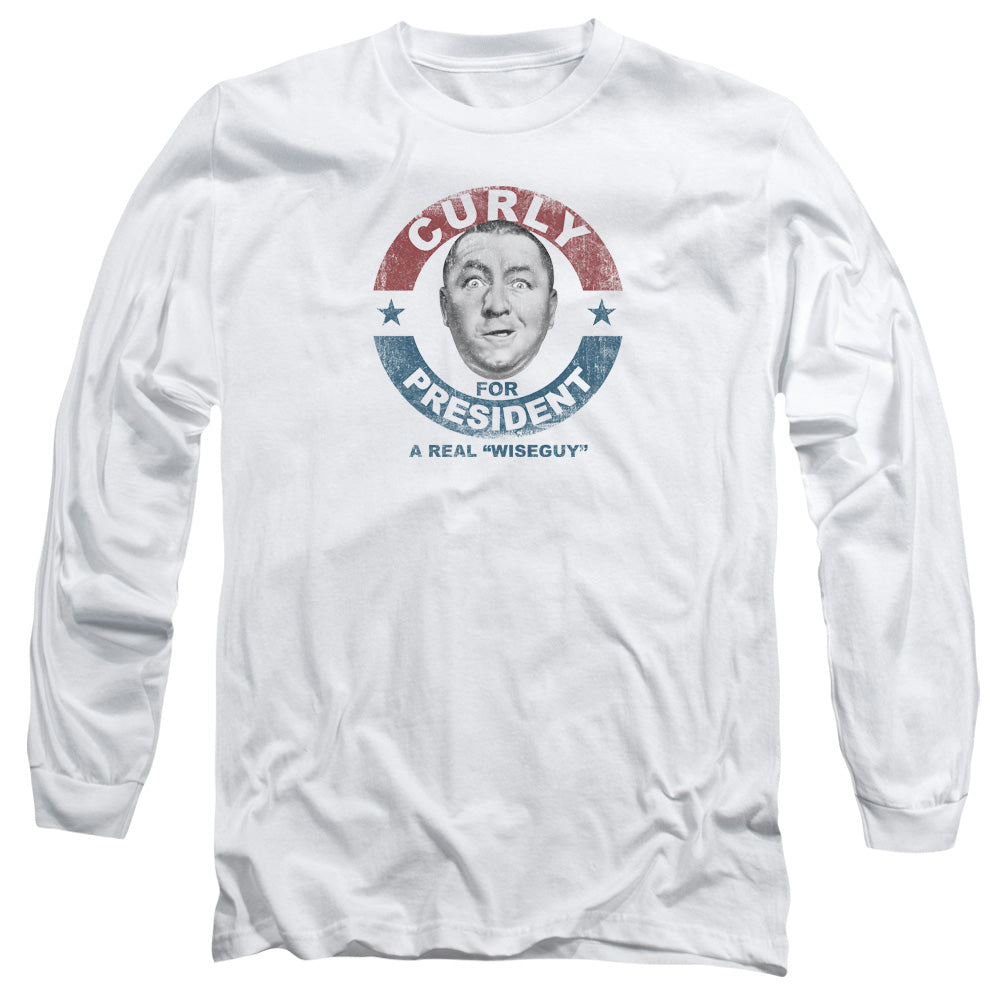 Three Stooges Curly For President Mens Long Sleeve Shirt White Officially Licensed