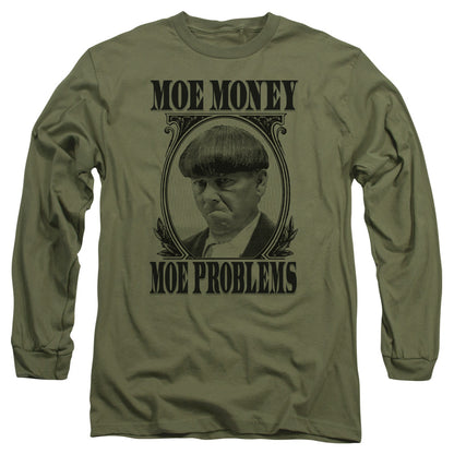 Three Stooges Moe Money Mens Long Sleeve Shirt Military Green Officially Licensed