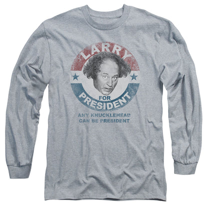Three Stooges Larry For President Mens Long Sleeve Shirt Athletic Heather Officially Licensed