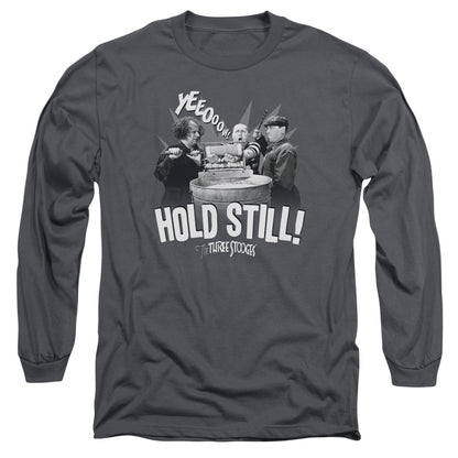 Three Stooges Hold Still Mens Long Sleeve Shirt Charcoal Officially Licensed