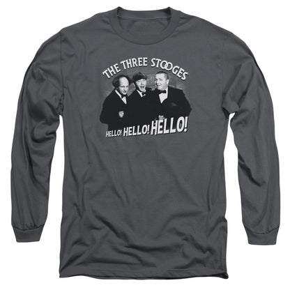 Three Stooges Hello Again Mens Long Sleeve Shirt Charcoal Officially Licensed