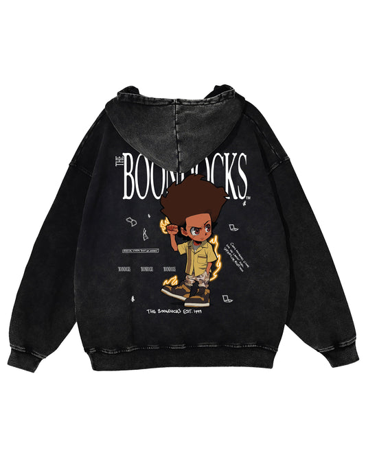 The Boondocks - Huey Khaled Acid Wash Oversize Black Heavyweight Mens Hoodie