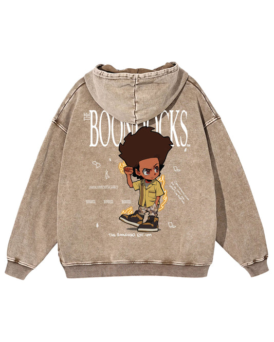 The Boondocks - Huey Khaled Acid Wash Oversize Brown Heavyweight Mens Hoodie
