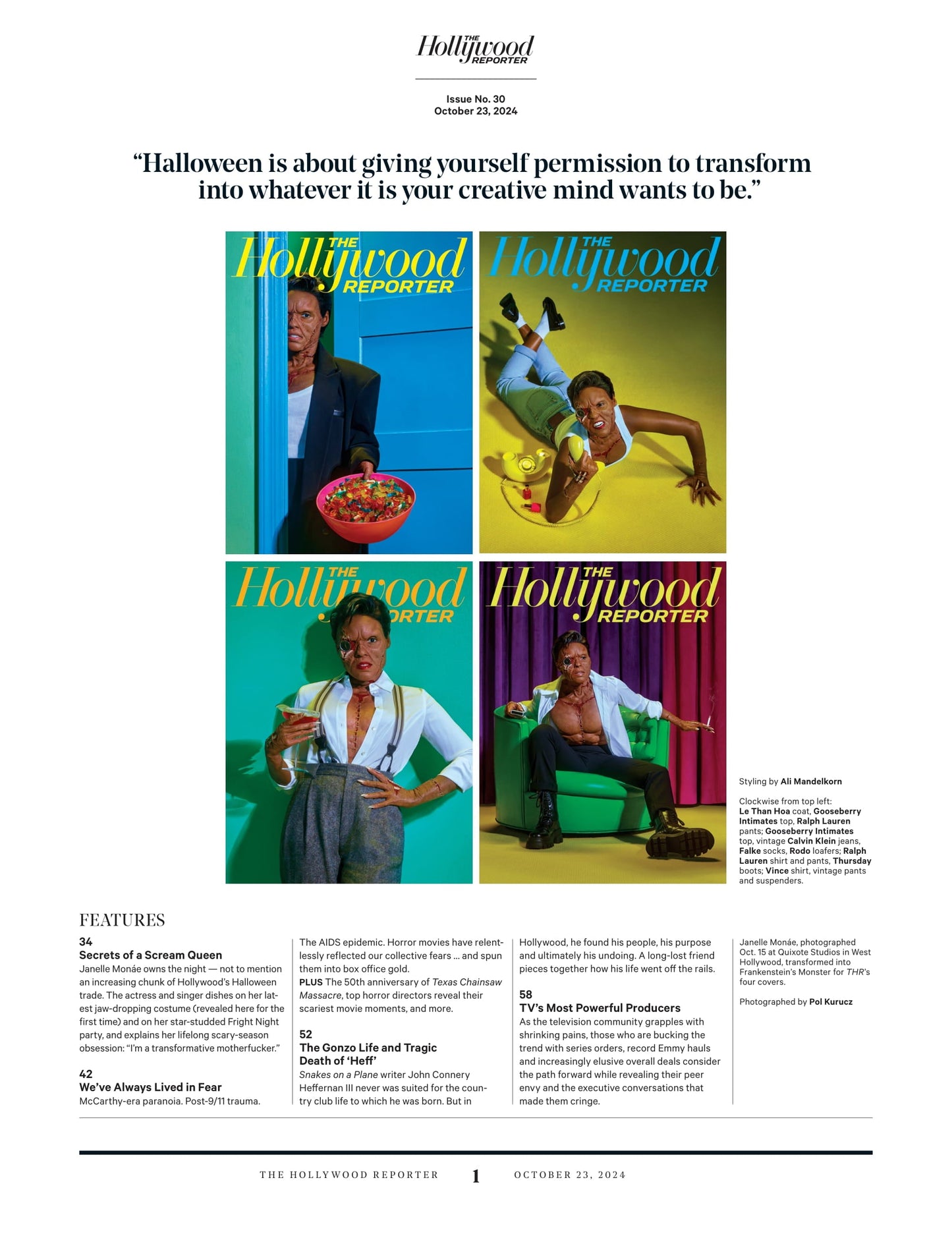 The Hollywood Reporter - 24.10.23 Edition: How Janelle Monáe Became The Queen Of Halloween, Most Spine-Chilling Scenes Ever Shot, Art The Clown Disassembled, Texas Chain Saw Massacre Turns 50 & More!