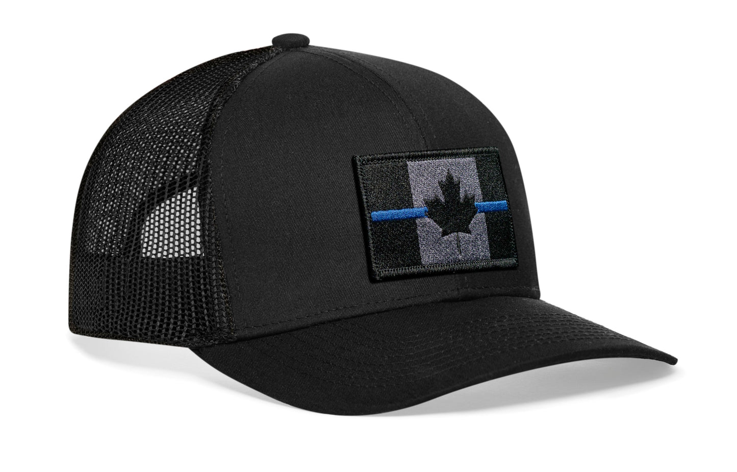 Thin Blue Line Trucker Hat  |  Black Canadian Maple Leaf Tactical Snapback