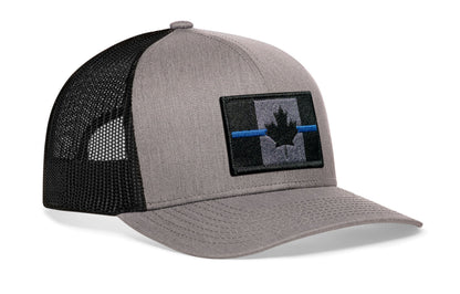 Thin Blue Line Trucker Hat  |  Gray-Black Canadian Maple Leaf Tactical Snapback