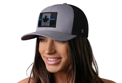 Thin Blue Line Trucker Hat  |  Gray-Black Canadian Maple Leaf Tactical Snapback