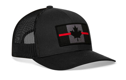 Thin Red Line Trucker Hat  |  Black Canadian Maple Leaf Tactical Snapback