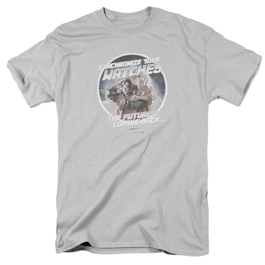 Back To The Future Ii Synchronize Watches Mens T Shirt Silver