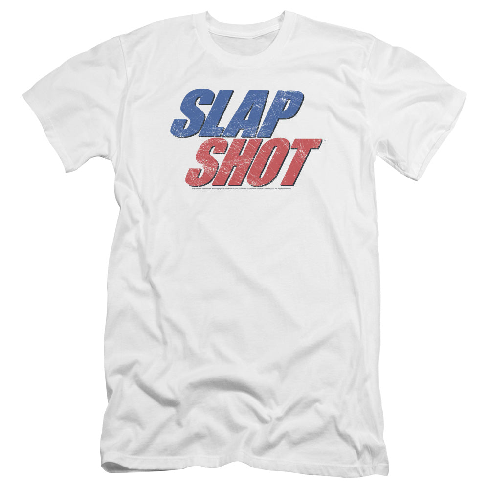 Slap Shot Blue And Red Logo Premium Bella Canvas Slim Fit Mens T Shirt White