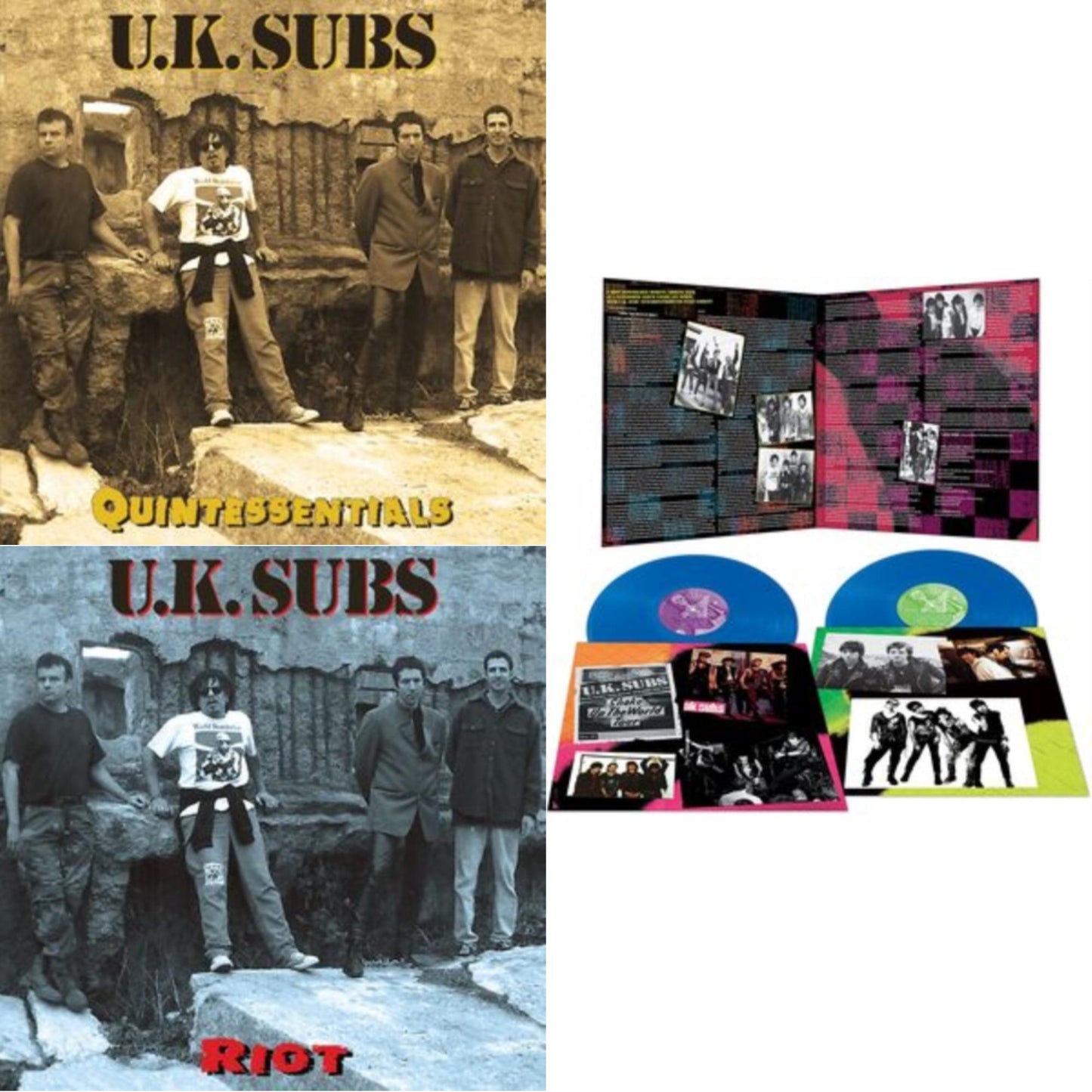 Uk Subs - Endangered Species (Translucent Blue LP Vinyl) & Quintessentials (Yellow/Black Splatter LP Vinyl) & Riot (Marble LP Vinyl)