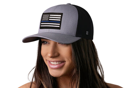 Thin Blue Line Trucker Hat  |  Gray-Black Police Snapback