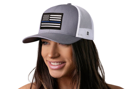 Thin Blue Line Trucker Hat  |  Gray-White Police Snapback