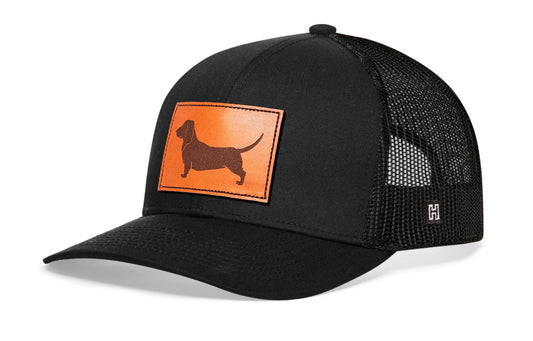 Dachshund Trucker Hat Leather  |  Black Dog Snapback Haka