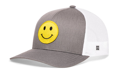 Smiley Face Trucker Hat  |  Gray-White Emoji Snapback