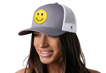 Smiley Face Trucker Hat  |  Gray-White Emoji Snapback