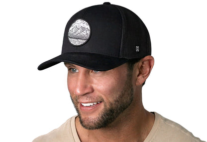Circle Mountain and Trees Trucker Hat  |  Black Outdoors Snapback