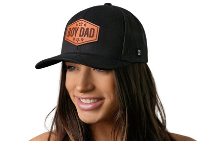 Boy Dad Leather Trucker Hat  |  Black Snapback
