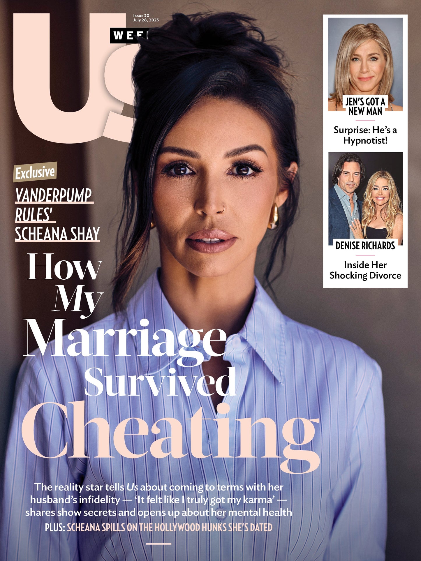Us Weekly - 07.28.25: Jennifer Aniston’s New Romance With Hypnotist Jim Curtis, Scheana Shay’s Marriage Infidelity Struggles, Denise Richard's Shocking Divorce & More!