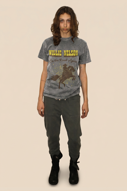 Willie Nelson On The Road Heather Tee Womens T Shirt Grey Officially Licensed