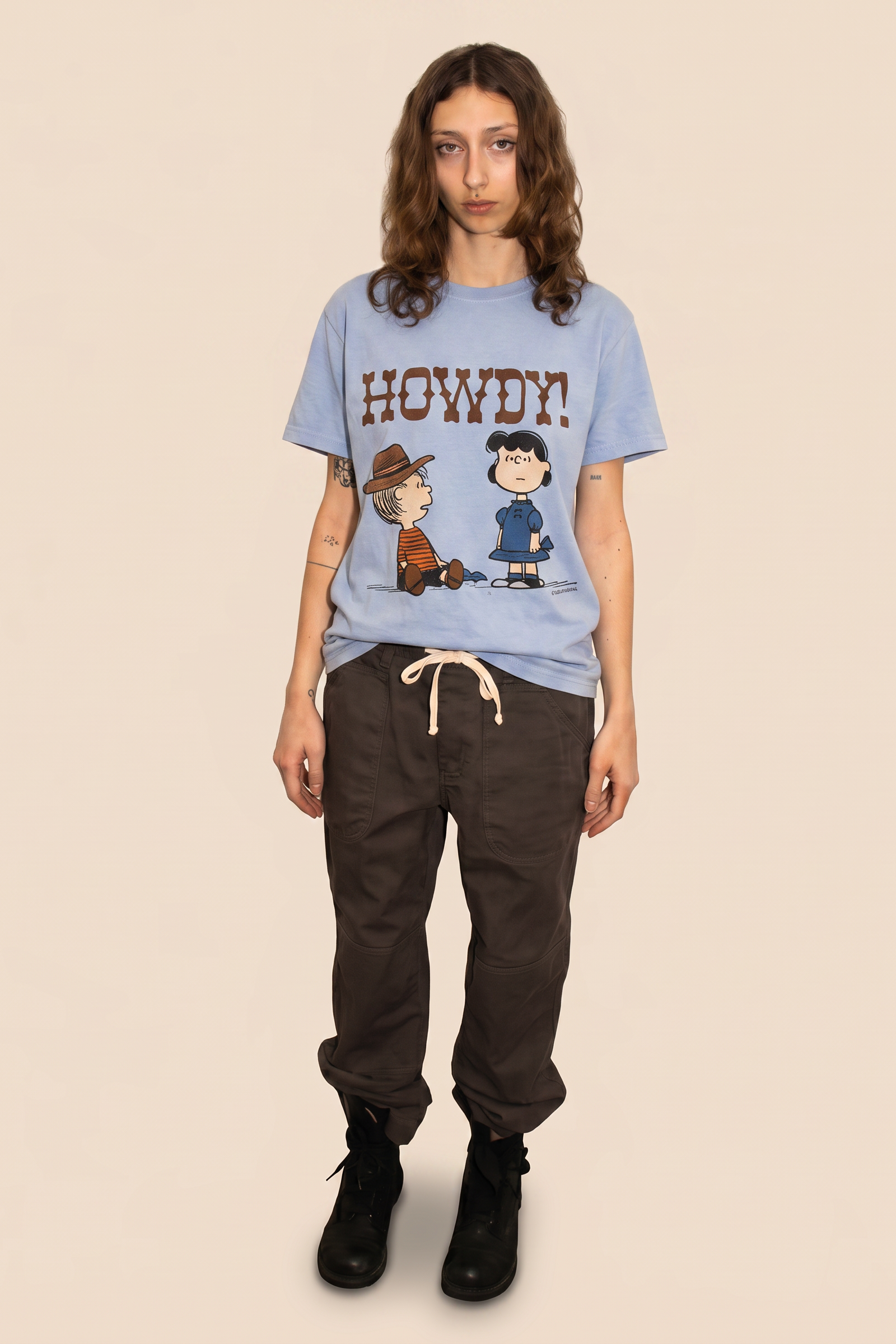 Peanuts Charlie Brown and Lucy Howdy Womens T Shirt Blue Officially Licensed
