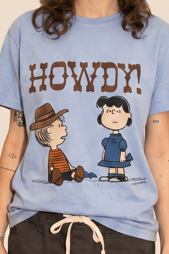 Peanuts Charlie Brown and Lucy Howdy Womens T Shirt Blue Officially Licensed