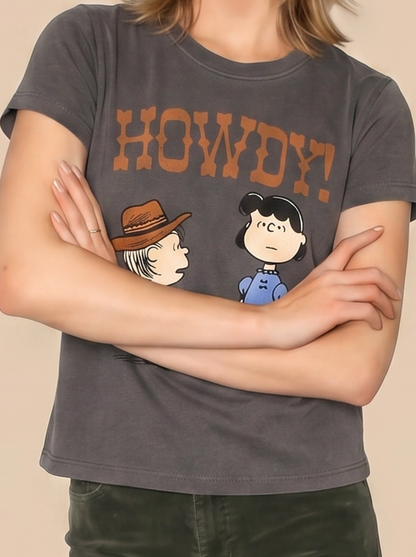 Peanuts Charlie Brown and Lucy Howdy Baby Tee Womens T Shirt Grey Officially Licensed